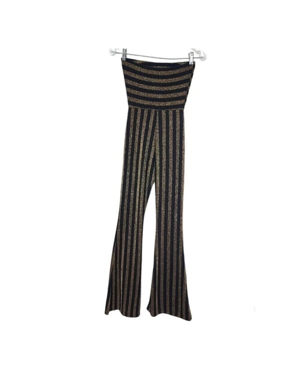 Fashion Nova Down And Counting Striped Gold & Black Strapless Jumpsuit XS - Picture 4 of 7